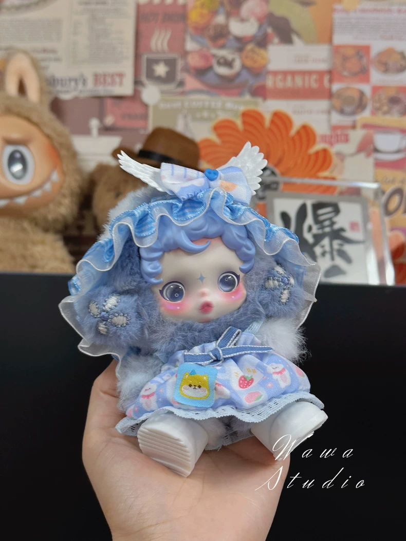 Charming Skullpanda Doll Outfit – Pastel Blue & White Lace Skirt with Strawberry Print | Adjustable & Detachable - Image 2