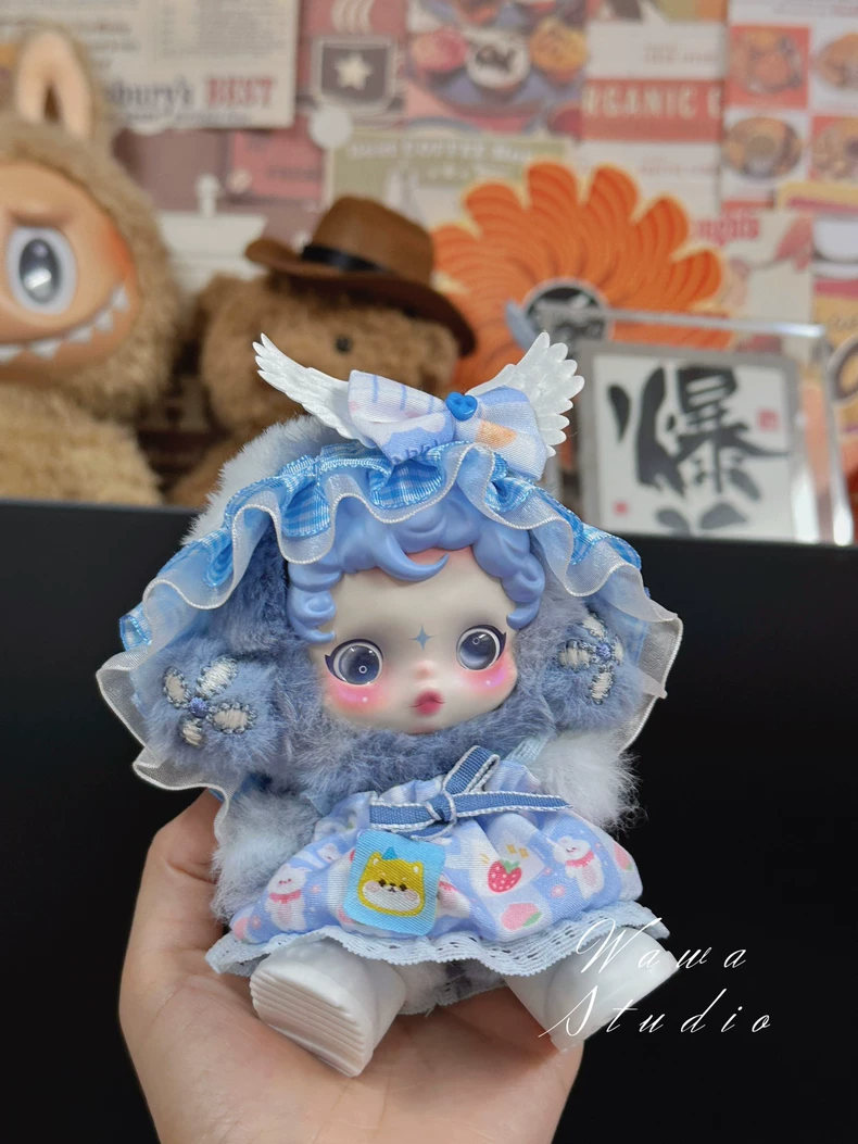 Charming Skullpanda Doll Outfit – Pastel Blue & White Lace Skirt with Strawberry Print | Adjustable & Detachable - Image 3
