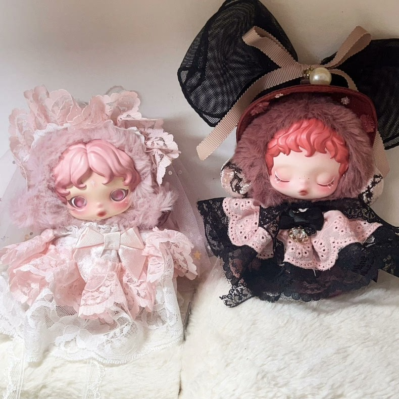 Skullpanda Doll Outfit: Elegant Pastel Pink Lace & Plush Customizable Ensemble - Image 1
