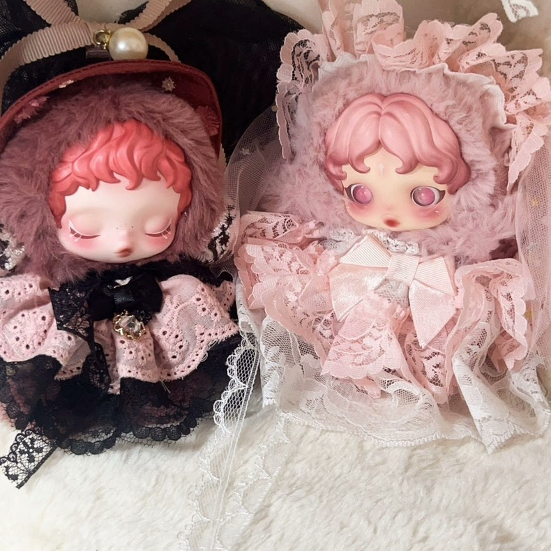 Skullpanda Doll Outfit: Elegant Pastel Pink Lace & Plush Customizable Ensemble - Image 2