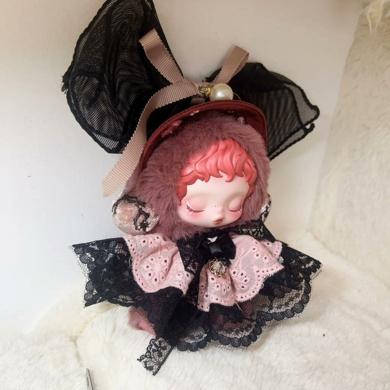 Skullpanda Doll Outfit: Elegant Pastel Pink Lace & Plush Customizable Ensemble - Image 5