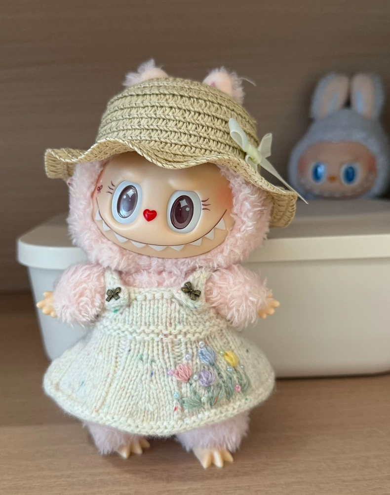 Handmade Knit LABUBU Doll Dress with Straw Hat – Pastel Floral Embroidery, Premium Wool, Collectible Outfit - Image 2
