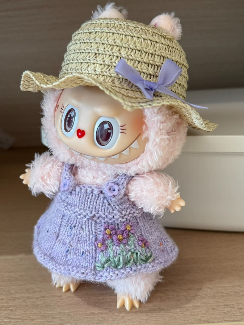 Handmade Knit LABUBU Doll Dress with Straw Hat – Pastel Floral Embroidery, Premium Wool, Collectible Outfit - Image 3