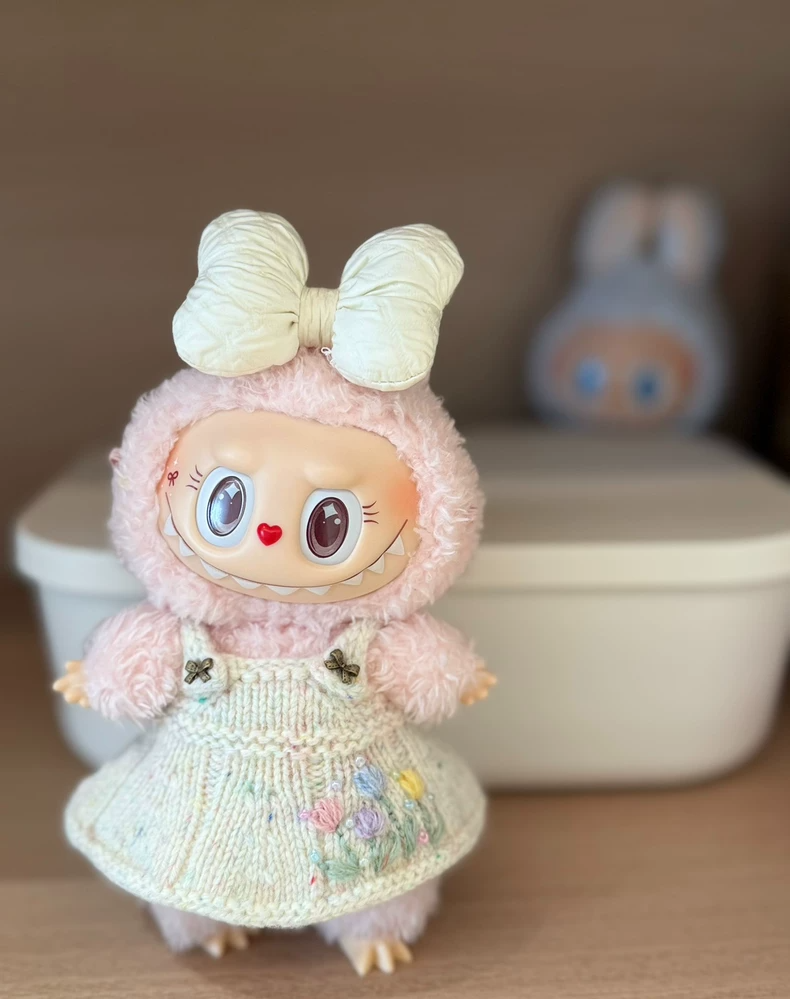 Handmade Knit LABUBU Doll Dress with Straw Hat – Pastel Floral Embroidery, Premium Wool, Collectible Outfit - Image 4