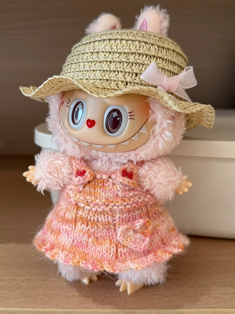 Handmade Knit LABUBU Doll Dress with Straw Hat – Pastel Floral Embroidery, Premium Wool, Collectible Outfit - Image 5