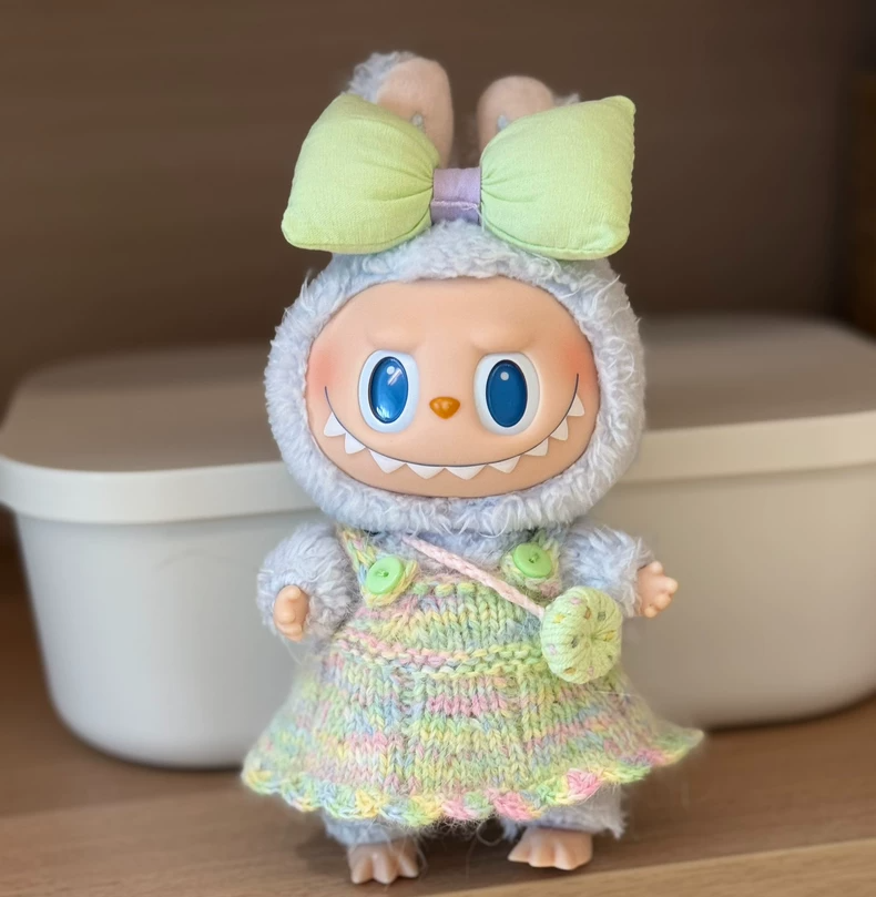 Handmade Knit LABUBU Doll Dress with Straw Hat – Pastel Floral Embroidery, Premium Wool, Collectible Outfit - Image 6