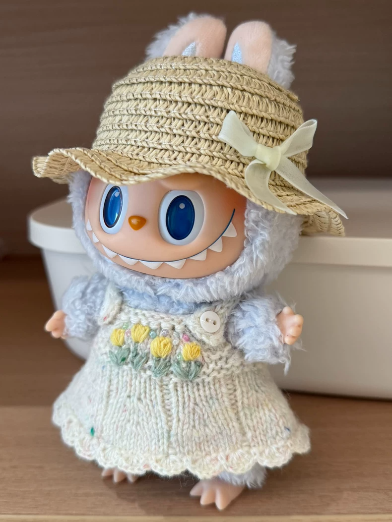 Handmade Knit LABUBU Doll Dress with Straw Hat – Pastel Floral Embroidery, Premium Wool, Collectible Outfit - Image 8