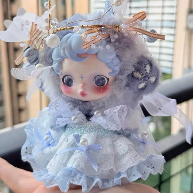 Handmade Skullpanda Doll Outfit: Elegant Blue Lace Dress with Pearl Necklace & Butterfly Headdress - Image 2