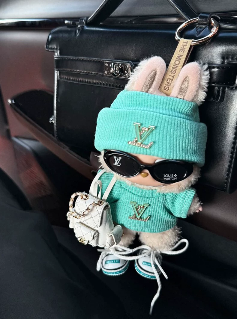 Stylish LABUBU Outfit: Turquoise Hat, Sunglasses, Handbag, Sweater & Sneakers – Premium Collectible Set - Image 1