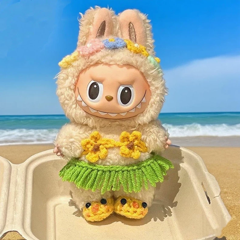 Vibrant LABUBU Bikini & Grass Skirt Outfit – Beach-Themed, Handcrafted, Two Color Options, Perfect for Collectors! - Image 4