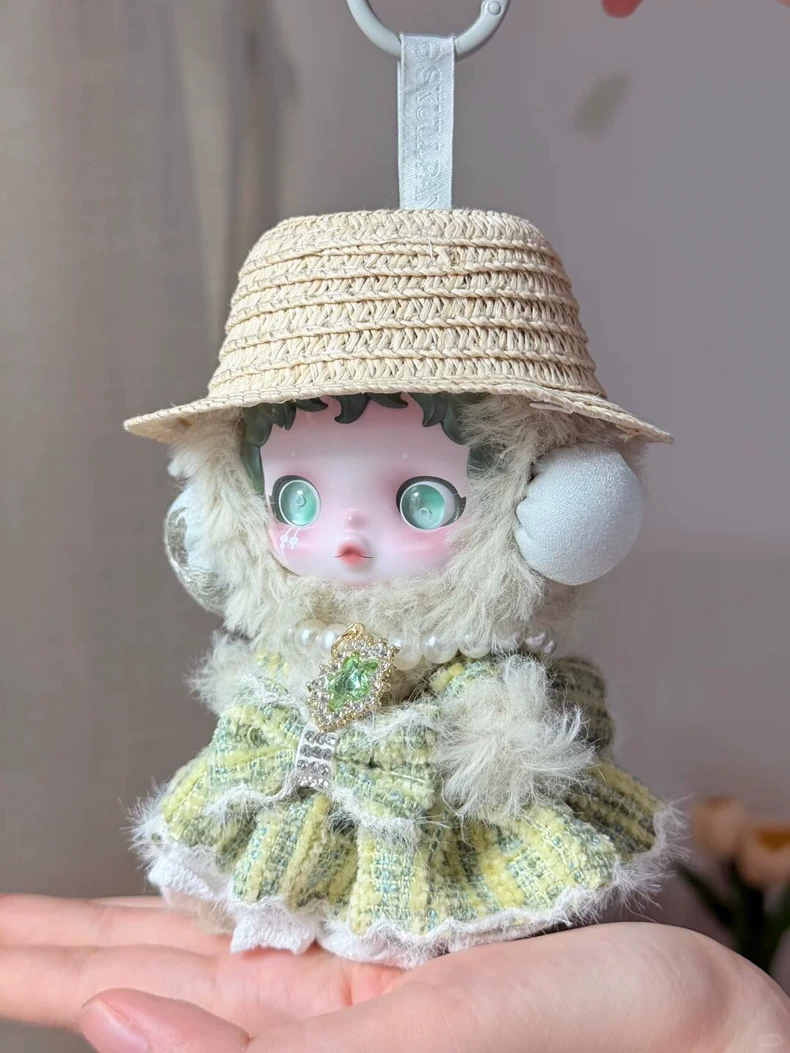 Charming Skullpanda Outfit: Elegant Plush Green Ensemble with Pearl Necklace & Straw Hat - Image 1