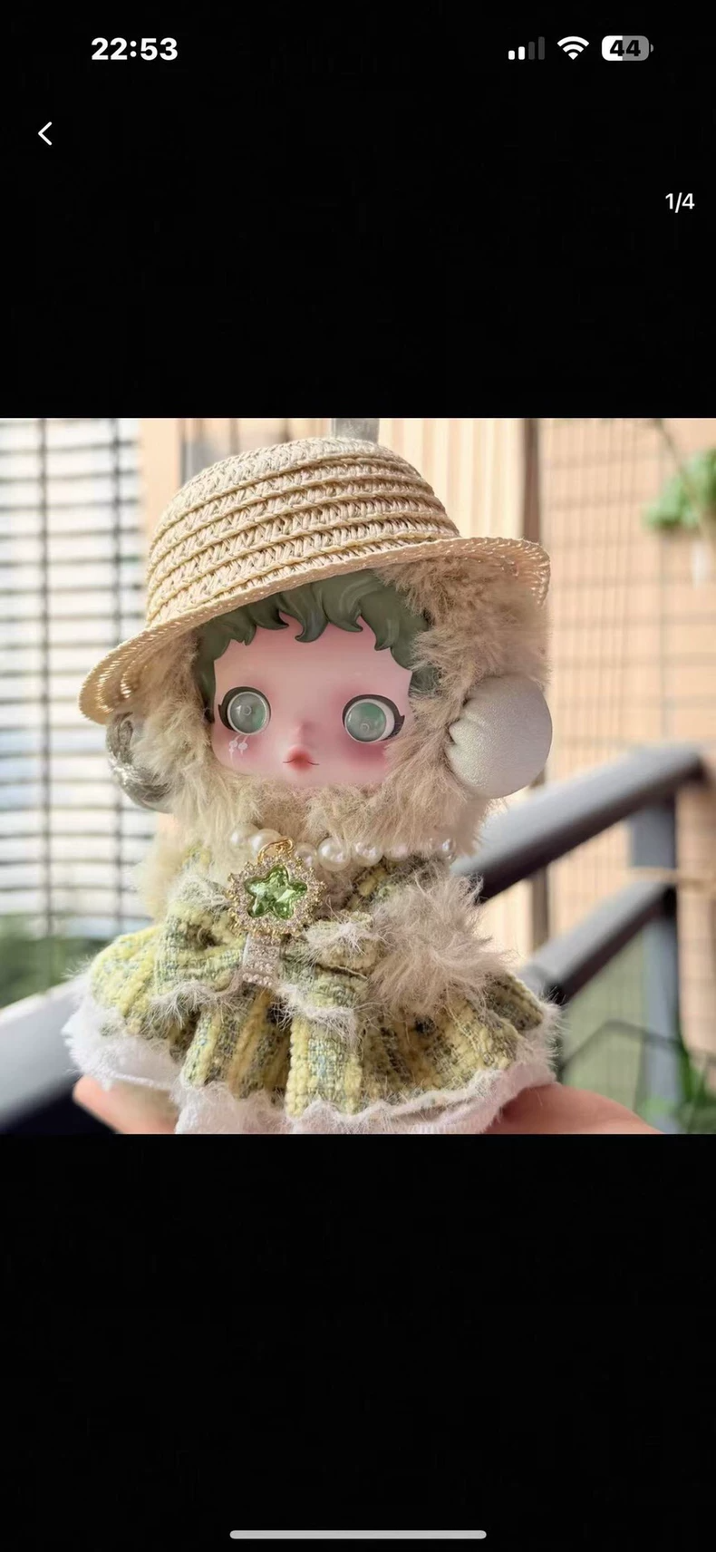 Charming Skullpanda Outfit: Elegant Plush Green Ensemble with Pearl Necklace & Straw Hat - Image 2