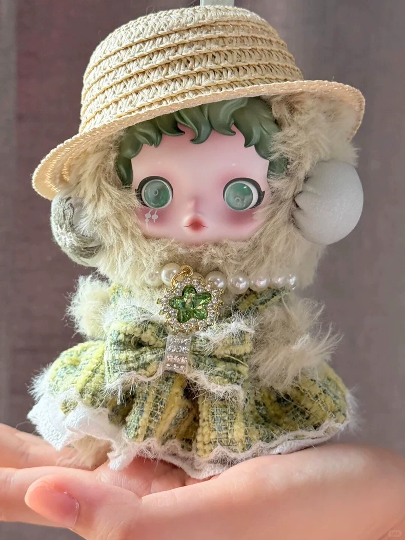 Charming Skullpanda Outfit: Elegant Plush Green Ensemble with Pearl Necklace & Straw Hat - Image 3