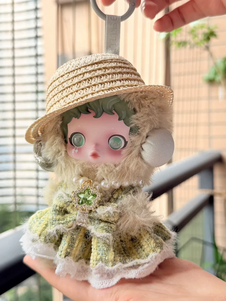 Charming Skullpanda Outfit: Elegant Plush Green Ensemble with Pearl Necklace & Straw Hat - Image 4