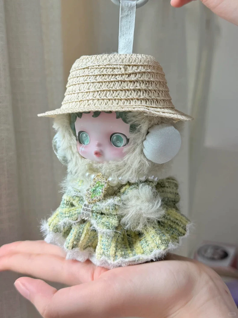 Charming Skullpanda Outfit: Elegant Plush Green Ensemble with Pearl Necklace & Straw Hat - Image 5