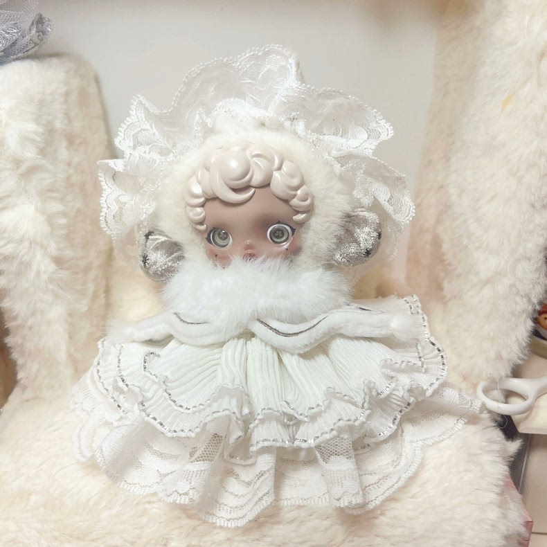 Elegant Skullpanda Lace Dress with Faux Fur Collar – Collectible Doll Outfit - Image 1