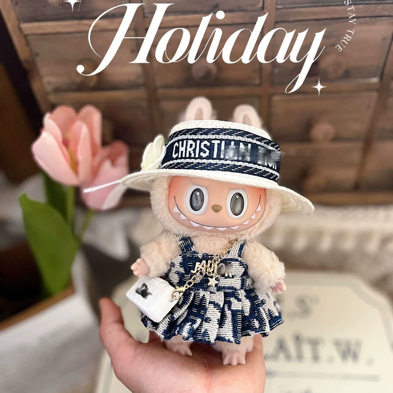 Charming Blue Labubu Doll Outfit: Elegant 17cm Figure Ensemble with Hat, Dress & Accessories - Image 3