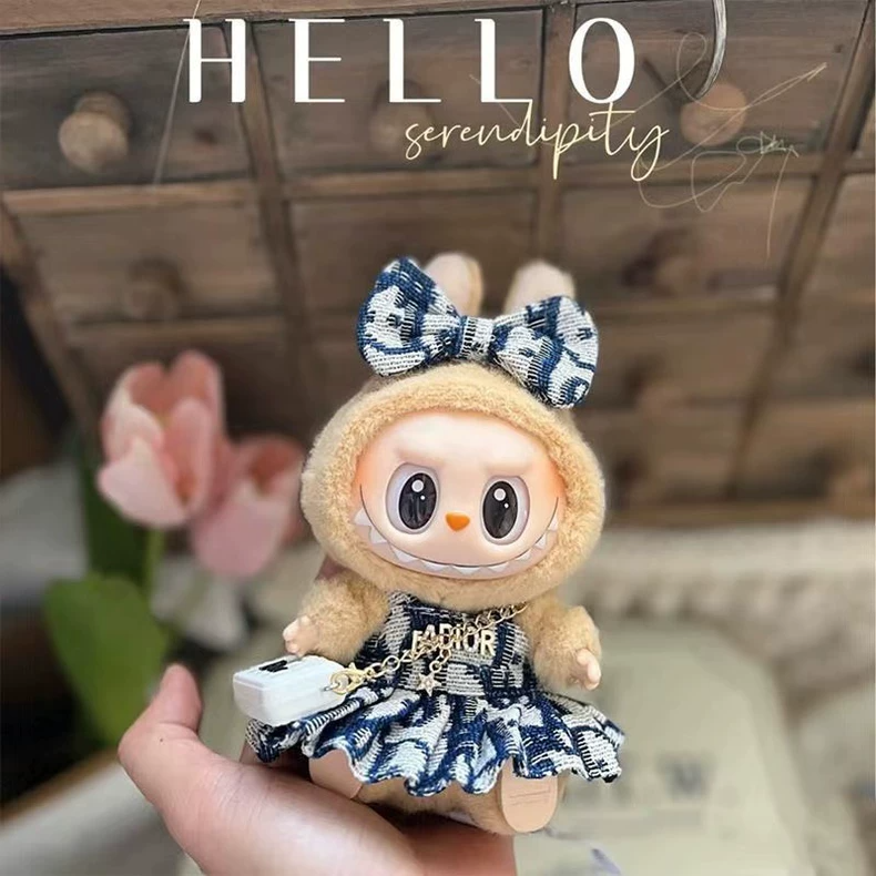 Charming Blue Labubu Doll Outfit: Elegant 17cm Figure Ensemble with Hat, Dress & Accessories - Image 7
