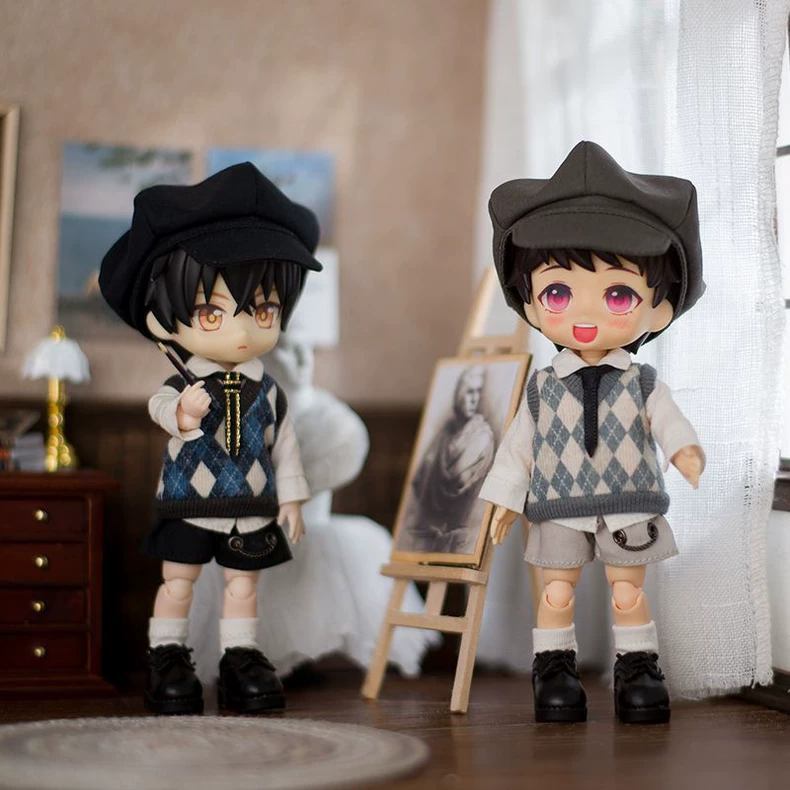 Stylish College-Inspired OB11 Doll Outfit: Argyle Vest, Beret & Tailored Shorts - Image 3