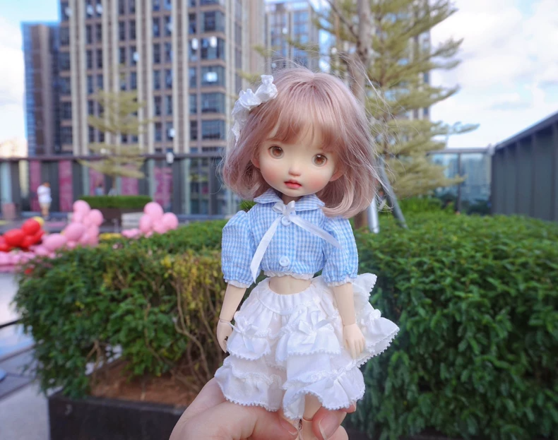 Charming Summer Blythe Doll Outfit: Blue Checkered Top & White Skirt with Lace Socks & Silk Hair Clip - Image 3