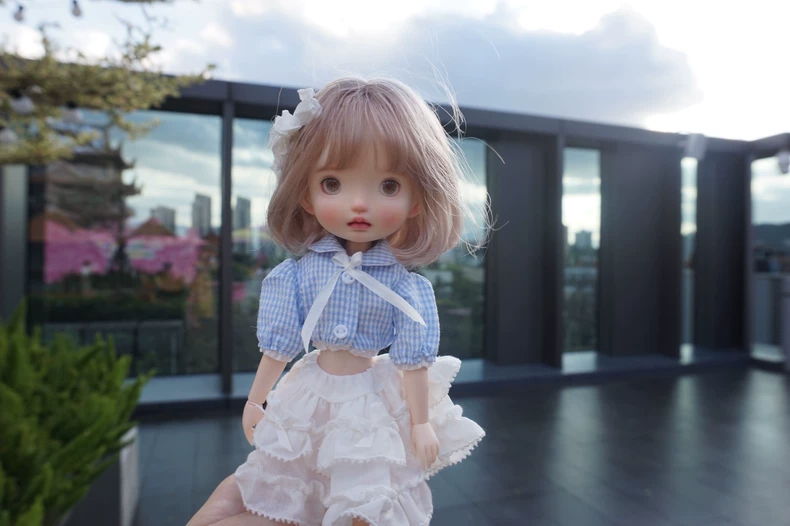 Charming Summer Blythe Doll Outfit: Blue Checkered Top & White Skirt with Lace Socks & Silk Hair Clip - Image 5