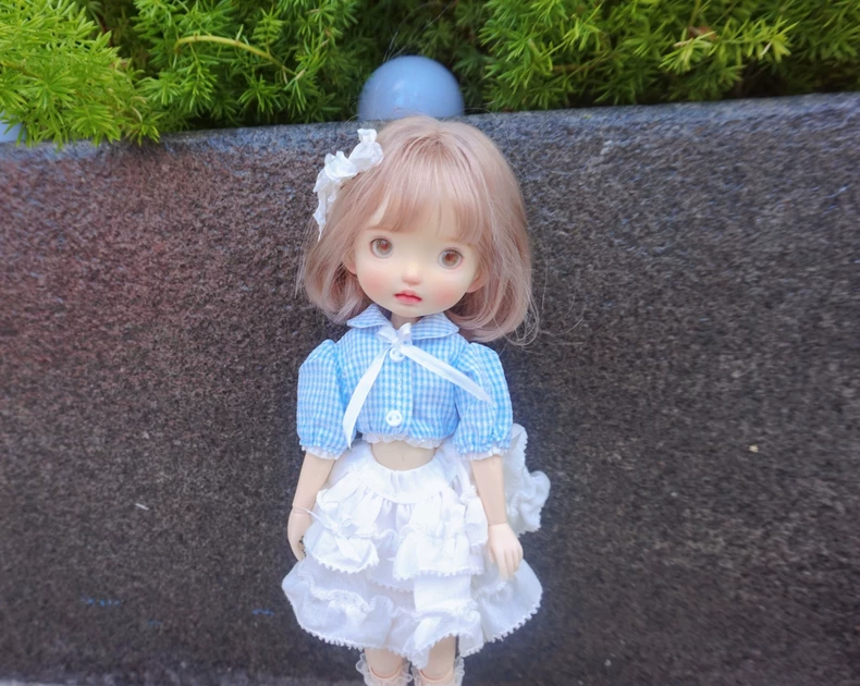 Charming Summer Blythe Doll Outfit: Blue Checkered Top & White Skirt with Lace Socks & Silk Hair Clip - Image 7