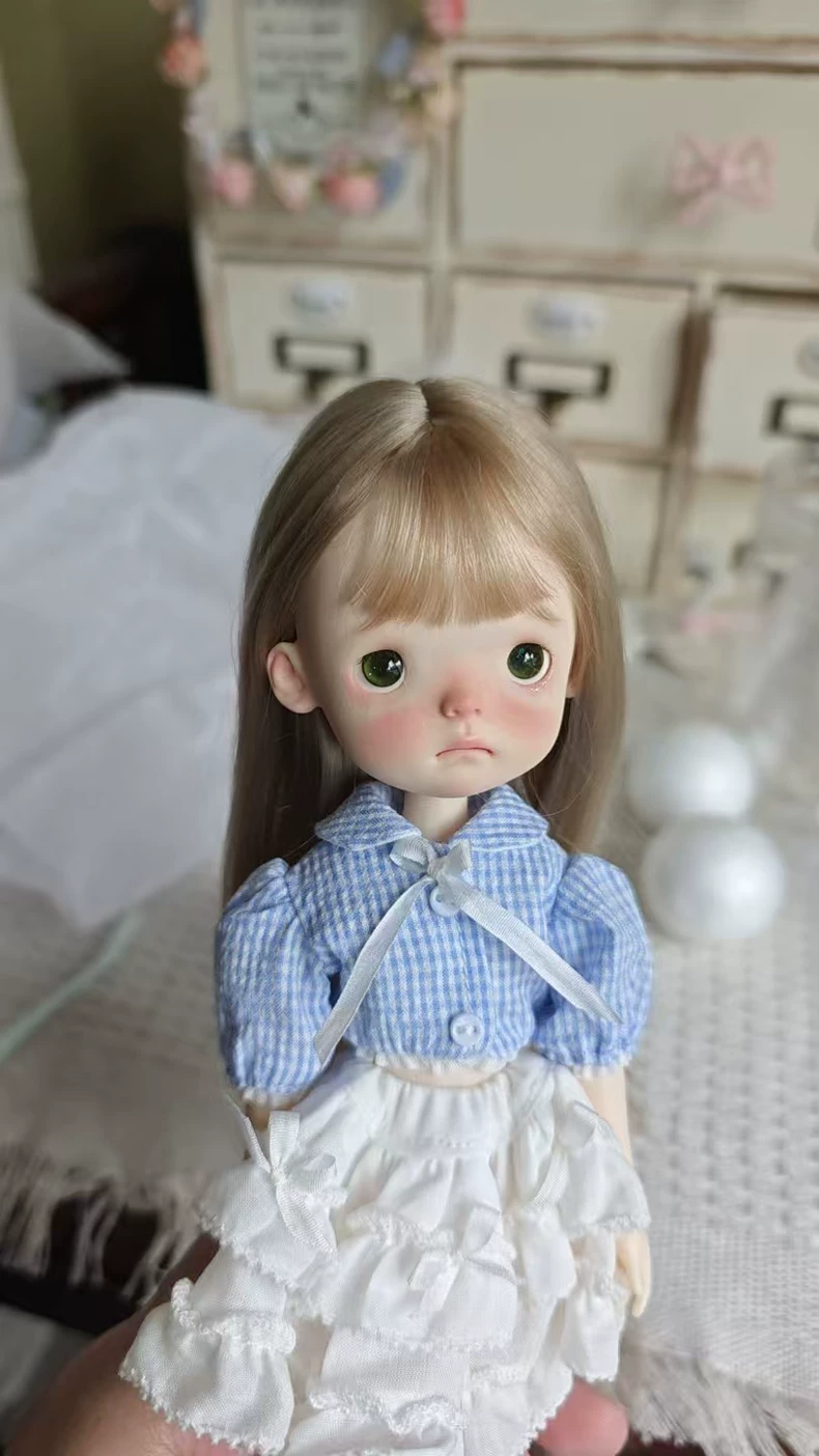 Charming Summer Blythe Doll Outfit: Blue Checkered Top & White Skirt with Lace Socks & Silk Hair Clip - Image 8