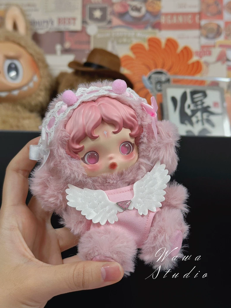 Whimsical Skullpanda Doll Outfit: Pastel Pink Plush Ensemble with Wings & Sparkling Gemstone - Image 1