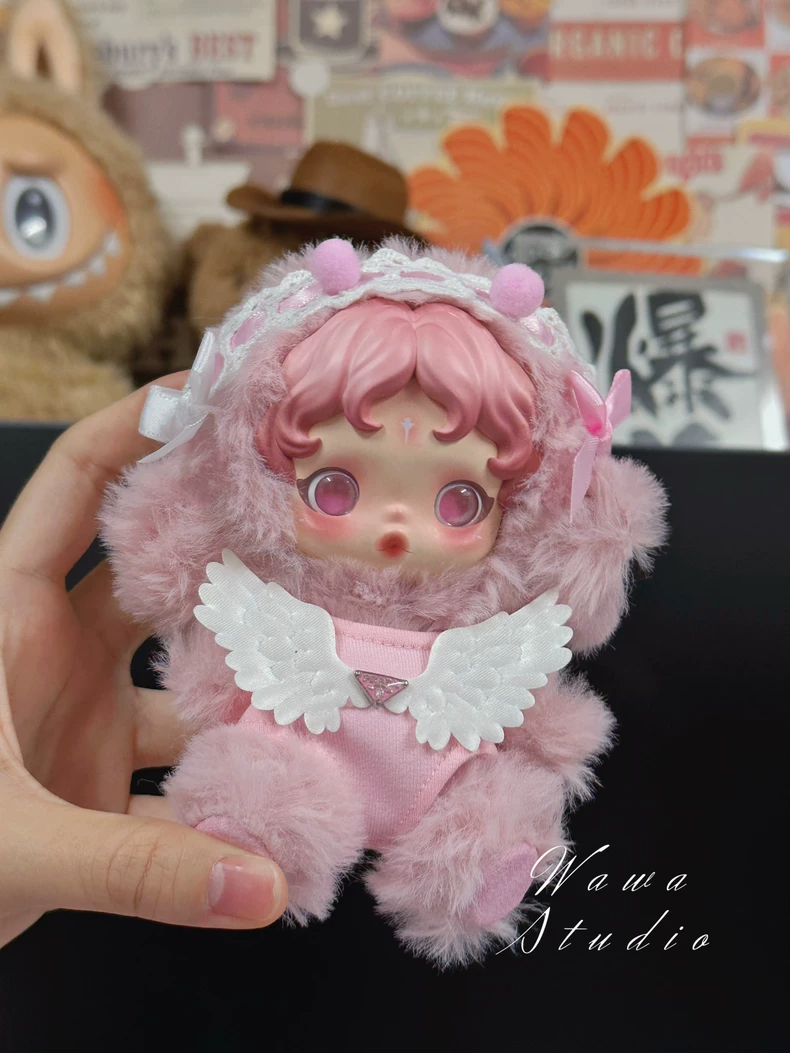Whimsical Skullpanda Doll Outfit: Pastel Pink Plush Ensemble with Wings & Sparkling Gemstone - Image 2