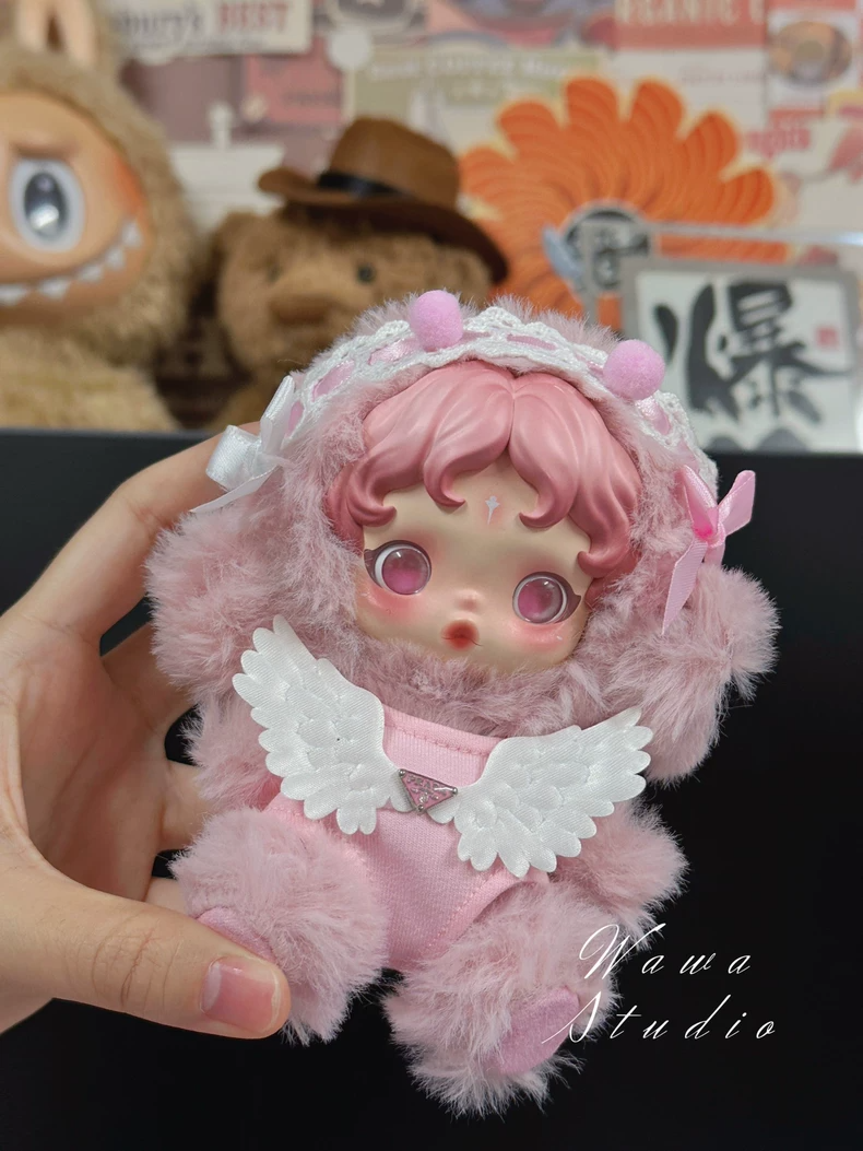 Whimsical Skullpanda Doll Outfit: Pastel Pink Plush Ensemble with Wings & Sparkling Gemstone - Image 4