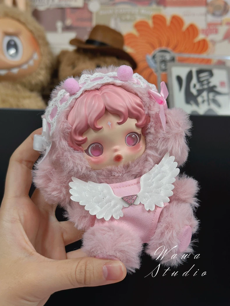 Whimsical Skullpanda Doll Outfit: Pastel Pink Plush Ensemble with Wings & Sparkling Gemstone - Image 5