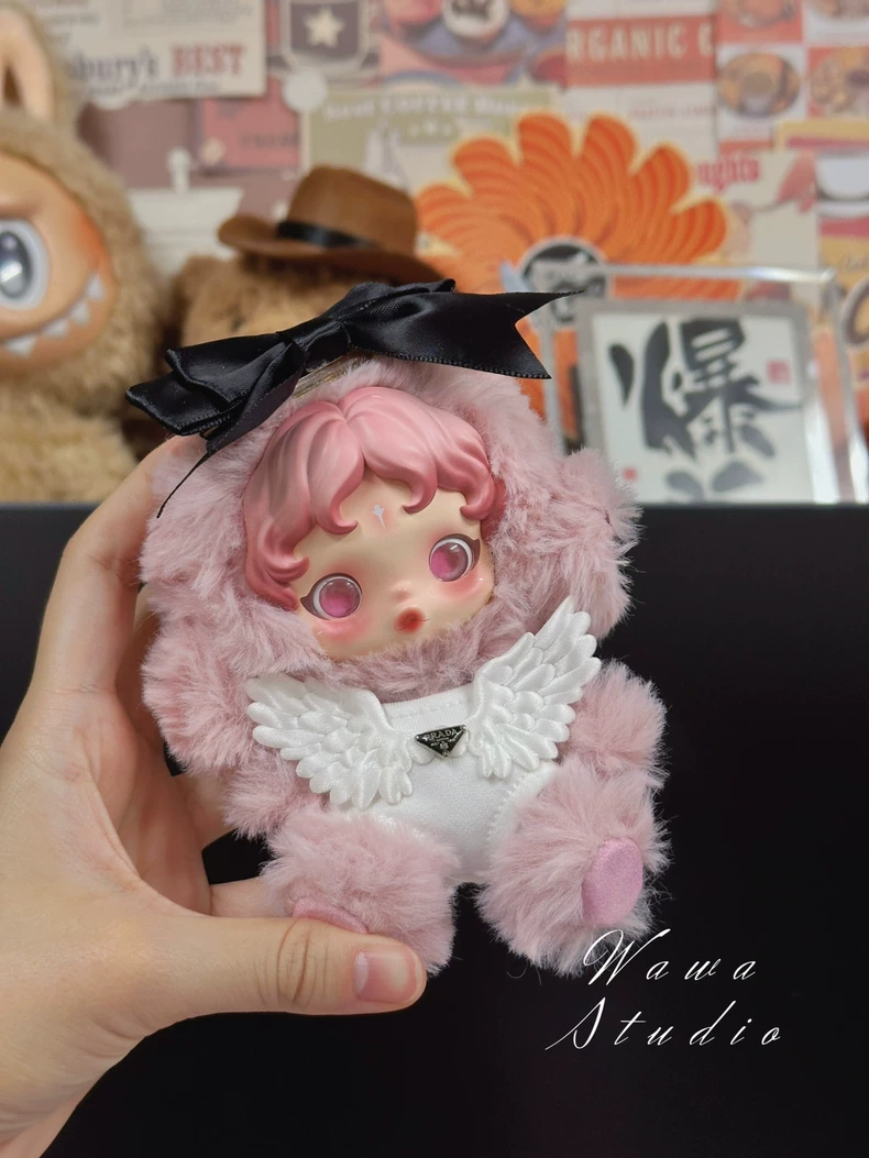 Whimsical Skullpanda Doll Outfit: Pastel Pink Plush Ensemble with Wings & Sparkling Gemstone - Image 6