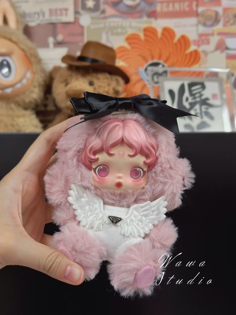 Whimsical Skullpanda Doll Outfit: Pastel Pink Plush Ensemble with Wings & Sparkling Gemstone - Image 7