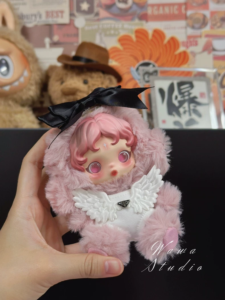 Whimsical Skullpanda Doll Outfit: Pastel Pink Plush Ensemble with Wings & Sparkling Gemstone - Image 8