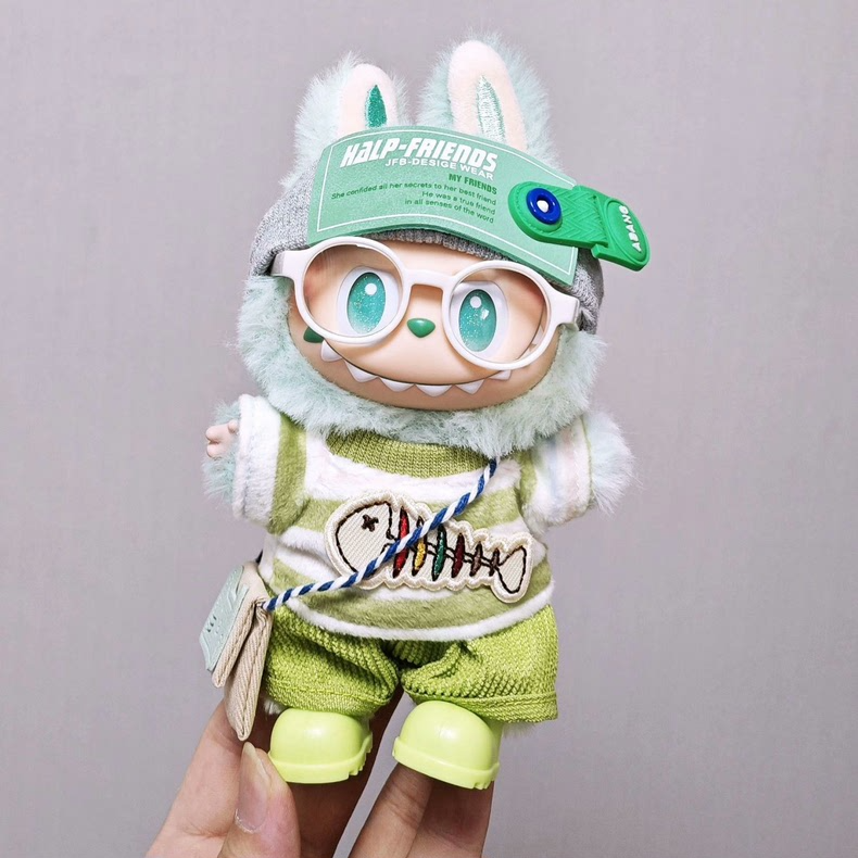 Whimsical LABUBU Doll Outfit – Playful Fish Motif with Glasses & Boots, Pastel Green & White, Collector’s Dream - Image 1