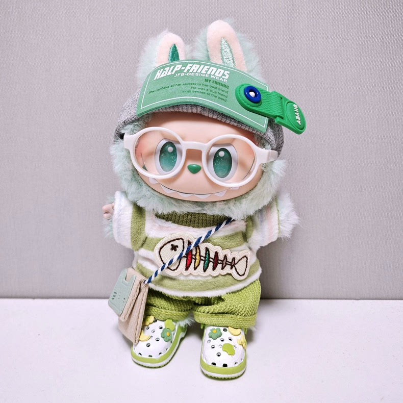 Whimsical LABUBU Doll Outfit – Playful Fish Motif with Glasses & Boots, Pastel Green & White, Collector’s Dream - Image 4