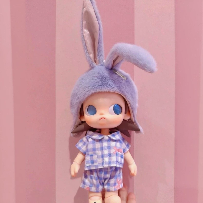 Adorable 1/8 BJD Purple Rabbit Hat & Blue Checkered Pajama Set - Soft Plush Doll Outfit for Collectors - Image 1