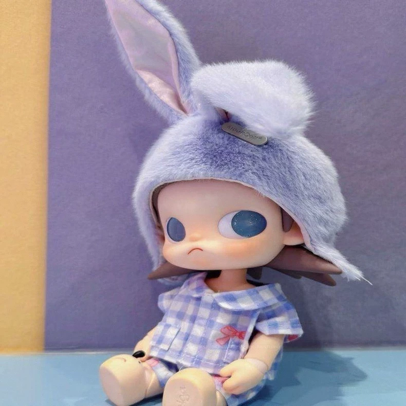 Adorable 1/8 BJD Purple Rabbit Hat & Blue Checkered Pajama Set - Soft Plush Doll Outfit for Collectors - Image 2