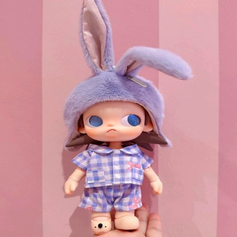 Adorable 1/8 BJD Purple Rabbit Hat & Blue Checkered Pajama Set - Soft Plush Doll Outfit for Collectors - Image 3