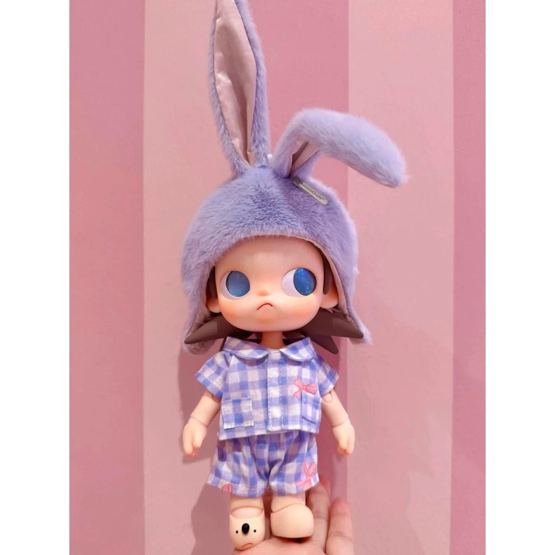 Adorable 1/8 BJD Purple Rabbit Hat & Blue Checkered Pajama Set - Soft Plush Doll Outfit for Collectors - Image 4