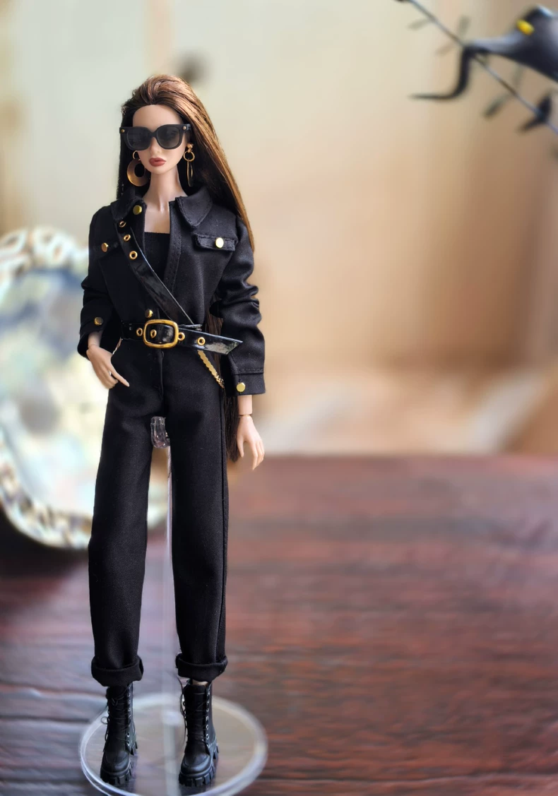 Edgy Black & Gold BJD Doll Outfit – Jumpsuit, Boots & Handmade Belt for Barbie & FR - Image 1