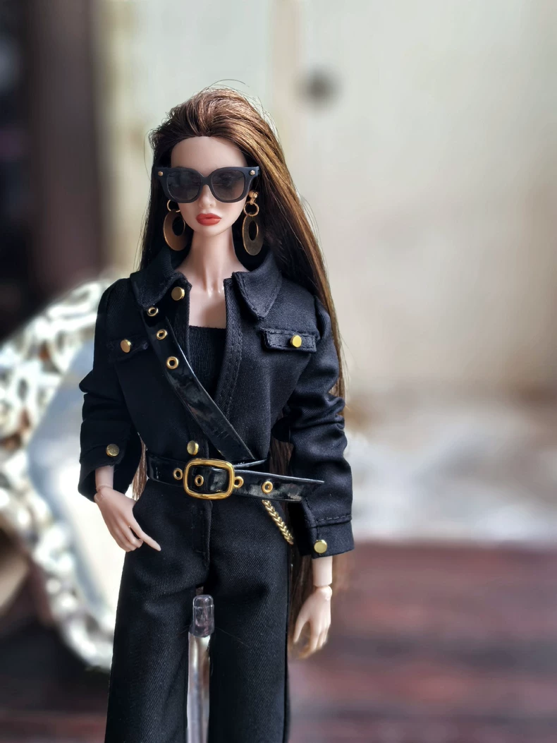 Edgy Black & Gold BJD Doll Outfit – Jumpsuit, Boots & Handmade Belt for Barbie & FR - Image 2