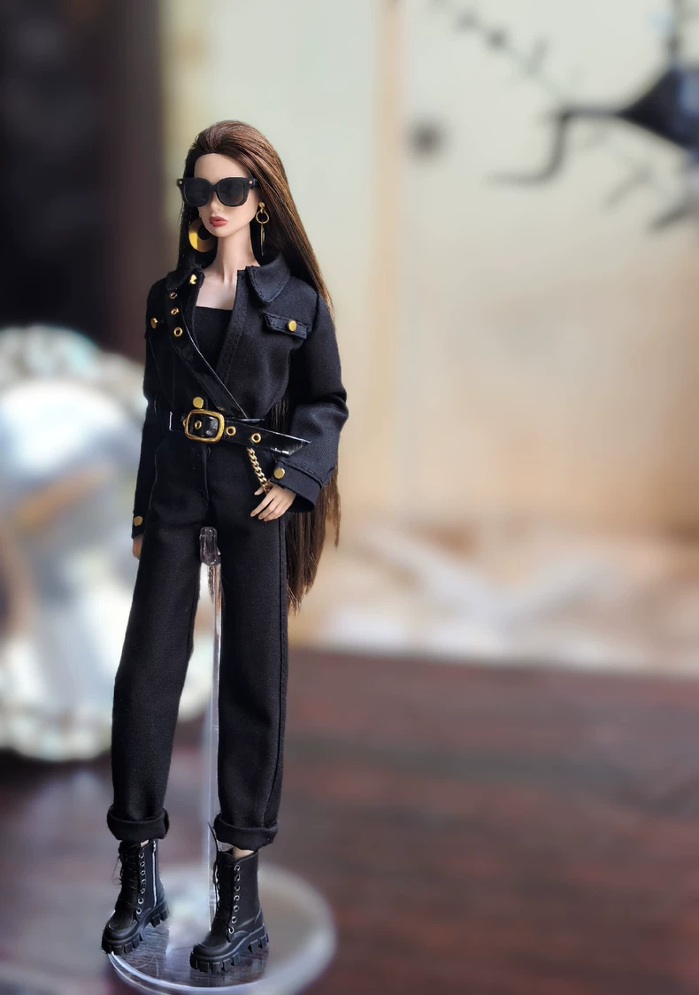 Edgy Black & Gold BJD Doll Outfit – Jumpsuit, Boots & Handmade Belt for Barbie & FR - Image 3
