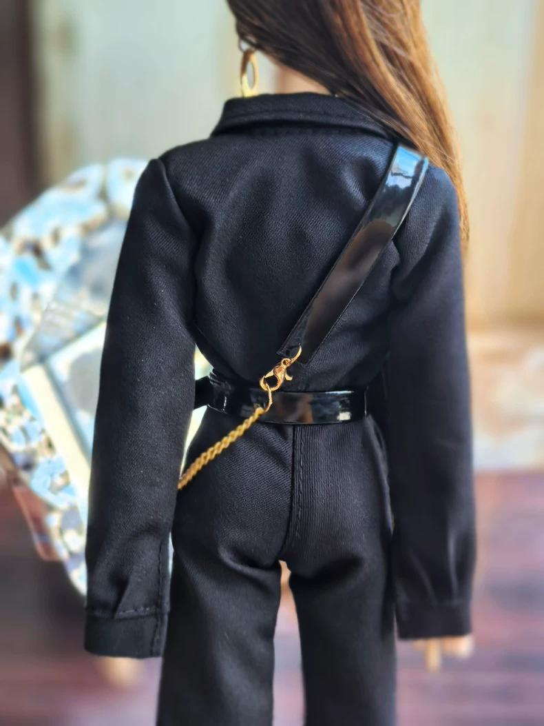 Edgy Black & Gold BJD Doll Outfit – Jumpsuit, Boots & Handmade Belt for Barbie & FR - Image 4