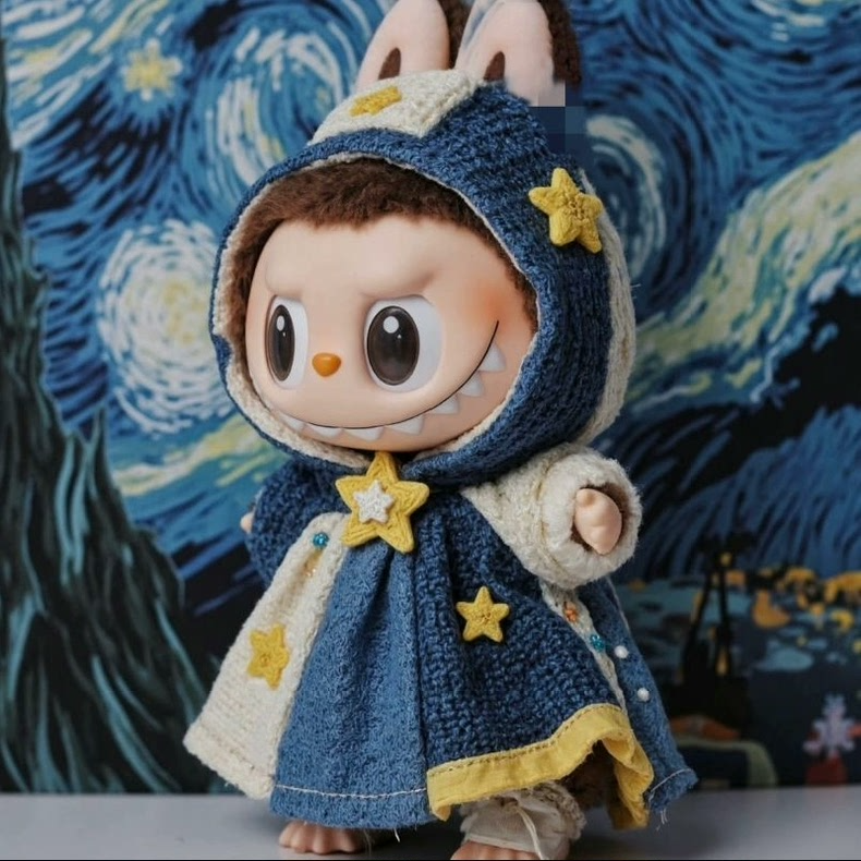 Whimsical Starry Night Labubu Outfit – Handcrafted Crochet Cloak & Hat for 17cm Figures - Image 1