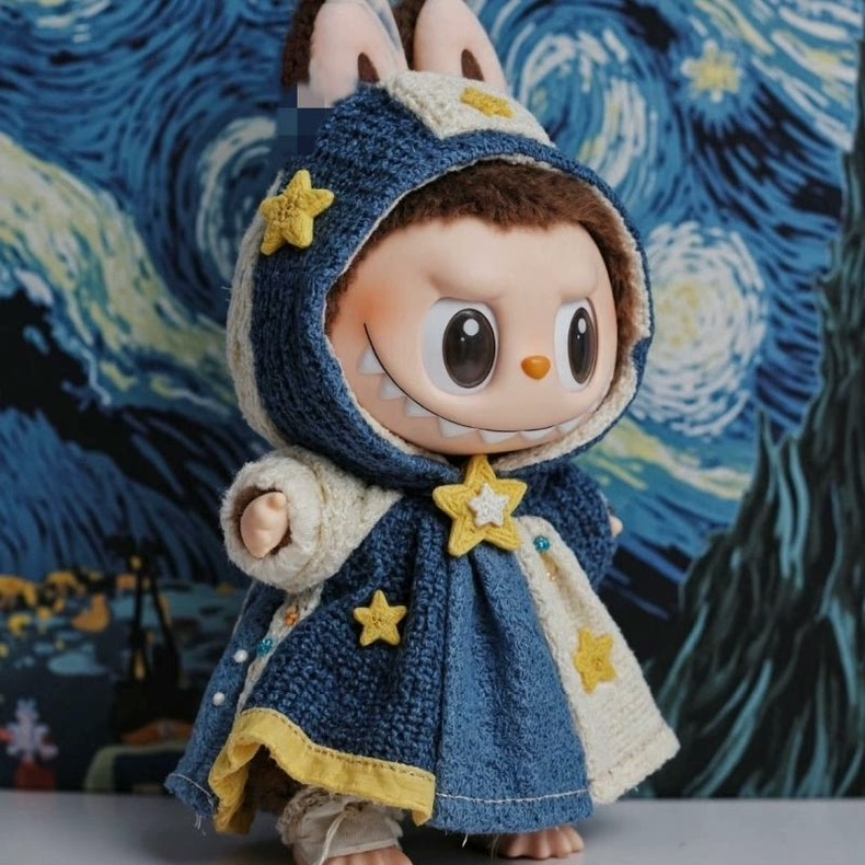 Whimsical Starry Night Labubu Outfit – Handcrafted Crochet Cloak & Hat for 17cm Figures - Image 3