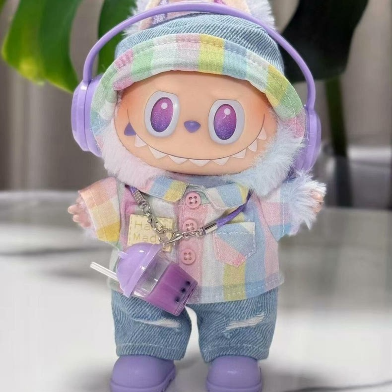 Charming LABUBU Doll Outfit – 6-Piece Playful Pastel Ensemble with Headphones & Cup - Image 2