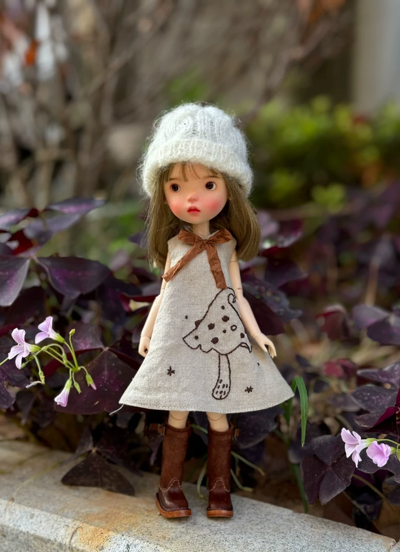 Vintage Blythe Doll Outfit: Mushroom Embroidered Dress, Beanie & Boots - Rustic Fairy Tale Handmade Collectible - Image 1