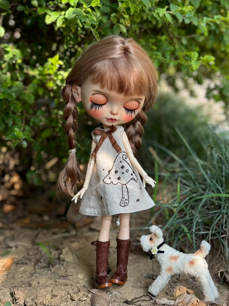 Vintage Blythe Doll Outfit: Mushroom Embroidered Dress, Beanie & Boots - Rustic Fairy Tale Handmade Collectible - Image 2