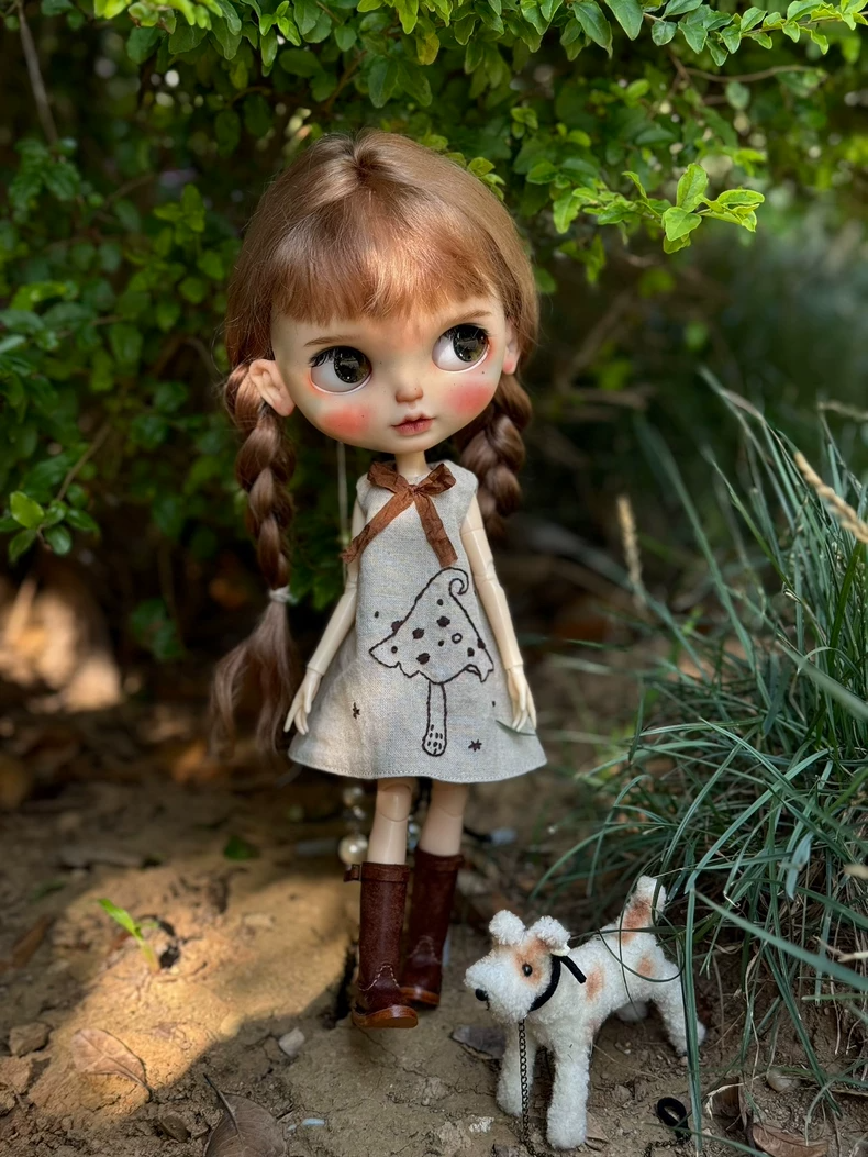Vintage Blythe Doll Outfit: Mushroom Embroidered Dress, Beanie & Boots - Rustic Fairy Tale Handmade Collectible - Image 3